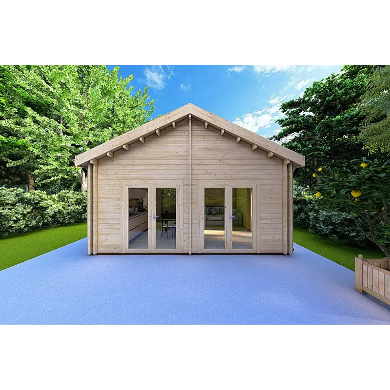 Casa in legno coibentata SILVIA 5.5x7.4 44/100/44 mm, vista frontale