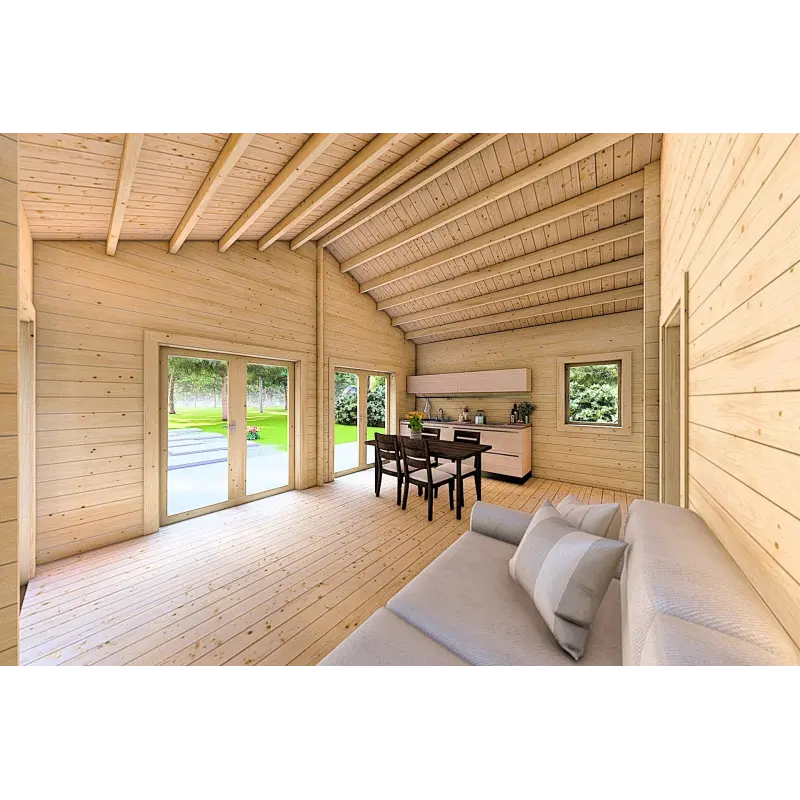 Casa in legno coibentata SILVIA 5.5x7.4 44/100/44 mm, interno soggiorno