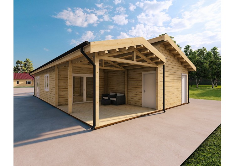 Casa di legno prefabbricata con incastro a coda di rondine PAMELA 115 m² 100mm, fronte lato destro