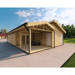 Casa di legno prefabbricata con incastro a coda di rondine PAMELA 115 m² 100mm, fronte lato destro