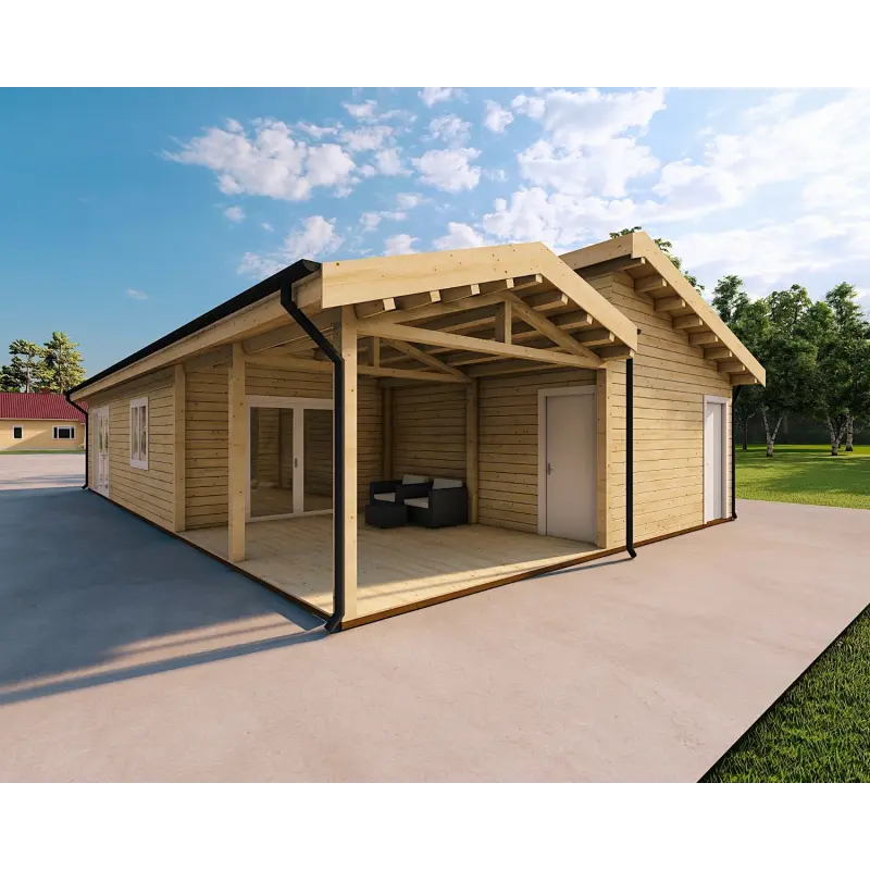 Casa di legno prefabbricata con incastro a coda di rondine PAMELA 115 m² 100mm, fronte lato destro