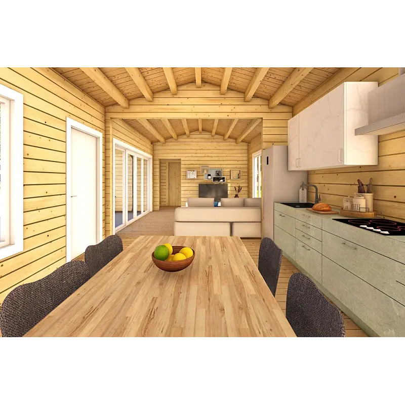 Casa abitabile in legno a ferro di cavallo AMBRA 96 m² 100mm, interno cucina