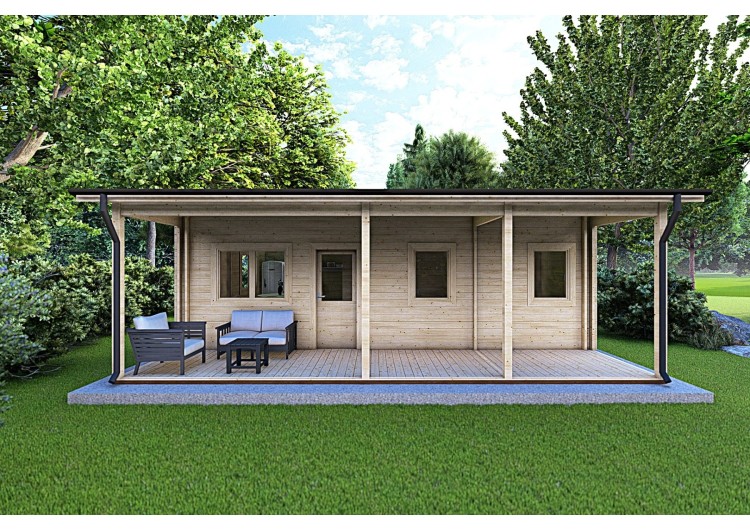 Casa di legno coibentata per campeggi EMMA 8x7 44/100/44 mm, vista frontale