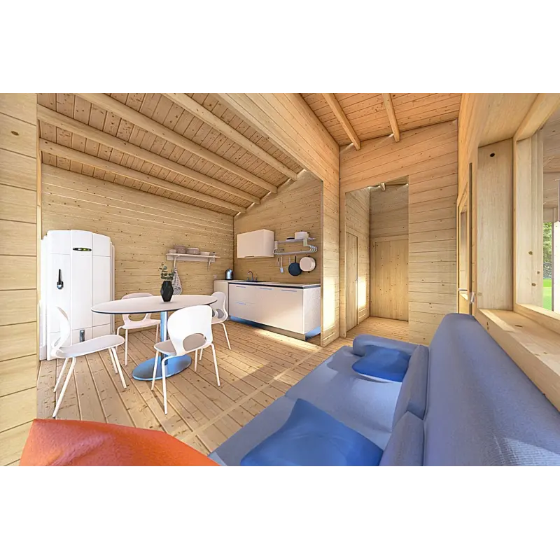 Casa di legno coibentata per campeggi EMMA 8x7 44/100/44 mm, interno open space