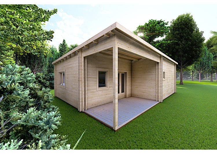 Casa in legno coibentata con patio MILENA 9x6.5 44/100/44 mm, fronte lato sinistro