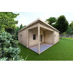 Casa in legno coibentata con patio MILENA 9x6.5 44/100/44 mm, fronte lato sinistro