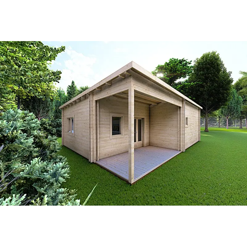 Casa in legno coibentata con patio MILENA 9x6.5 44/100/44 mm, fronte lato sinistro