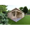 Casa in legno coibentata con patio MILENA 9x6.5 44/100/44 mm, fronte lato sinistro