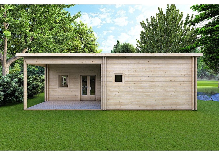 Casa in legno coibentata con patio MILENA 9x6.5 44/100/44 mm, vista frontale