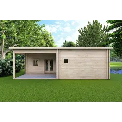 Casa in legno coibentata con patio MILENA 9x6.5 44/100/44 mm, vista frontale