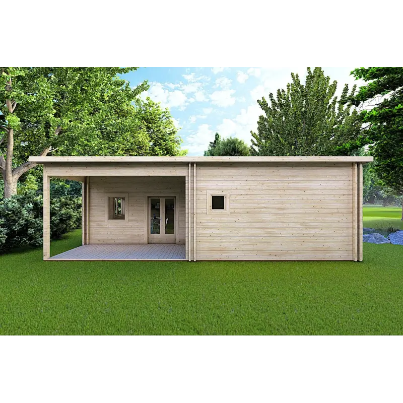 Casa in legno coibentata con patio MILENA 9x6.5 44/100/44 mm, vista frontale