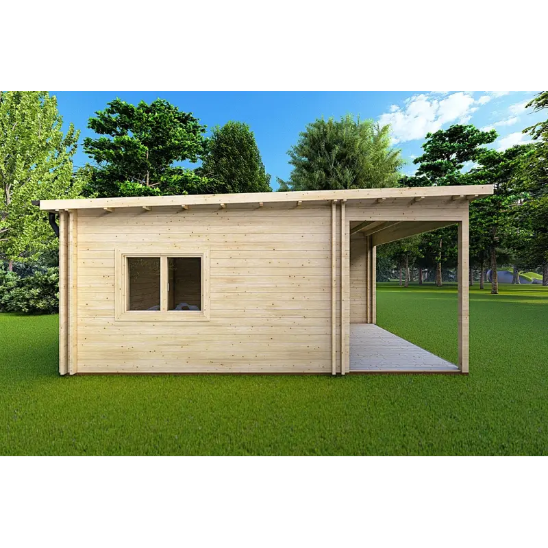 Casa in legno coibentata con patio MILENA 9x6.5 44/100/44 mm, lato sinistro