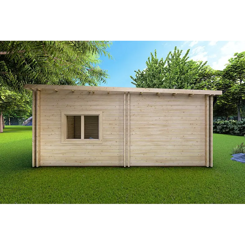Casa in legno coibentata con patio MILENA 9x6.5 44/100/44 mm, lato destro