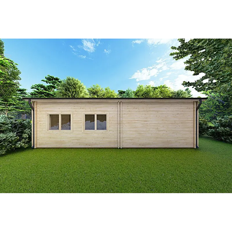 Casa in legno coibentata con patio MILENA 9x6.5 44/100/44 mm, retro