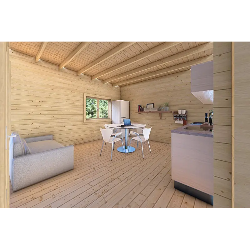 Casa in legno coibentata con patio MILENA 9x6.5 44/100/44 mm, interno open space