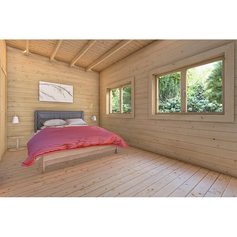 Casa in legno coibentata con patio MILENA 9x6.5 44/100/44 mm, interno camera matrimoniale