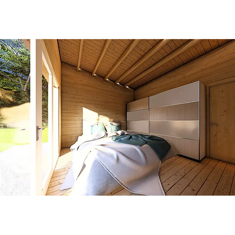 Casa abitabile in legno tetto piano YARA 55 m² 60/120/30/40 mm, interno camera matrimoniale