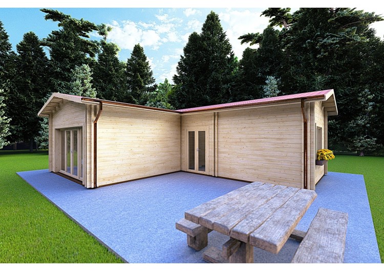 Casa in legno coibentata a L TANIA 50 m² 44/100/44 mm, fronte lato destro