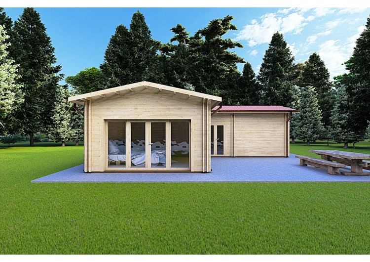 Casa in legno coibentata a L TANIA 50 m² 44/100/44 mm, vista frontale