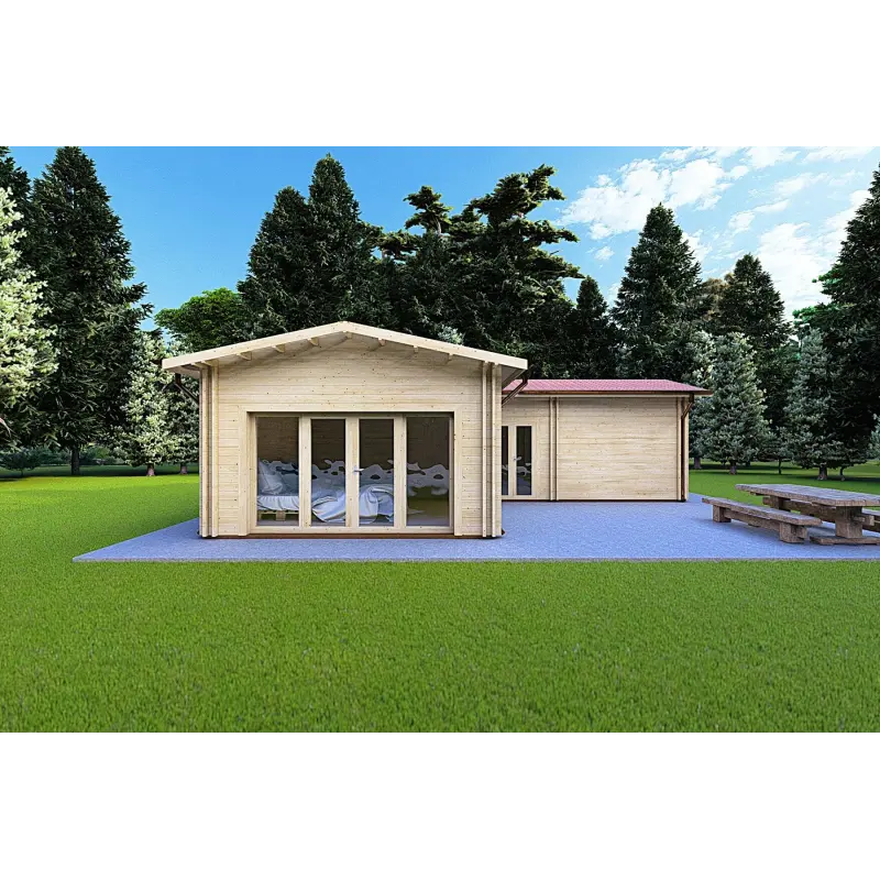 Casa in legno coibentata a L TANIA 50 m² 44/100/44 mm, vista frontale
