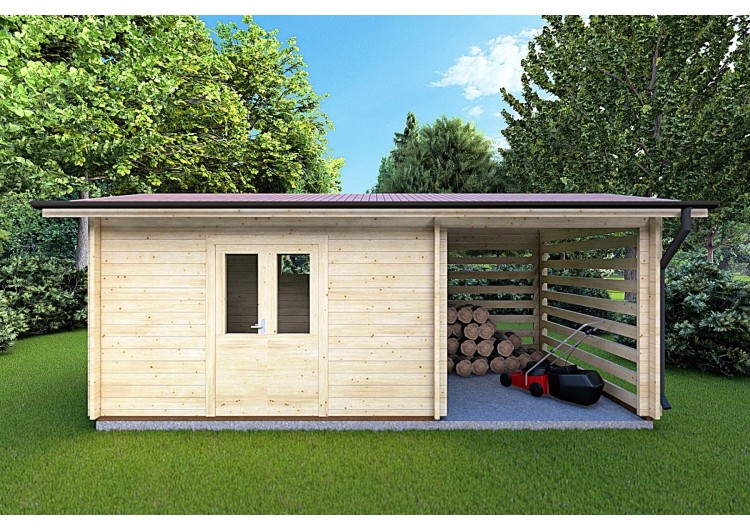 Casetta in legno con legnaia FRIDA 6.4x3 44mm, vista frontale