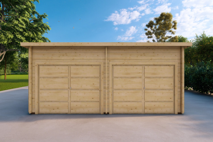 Garage in legno doppio a monofalda 6x6 44mm, vista frontale