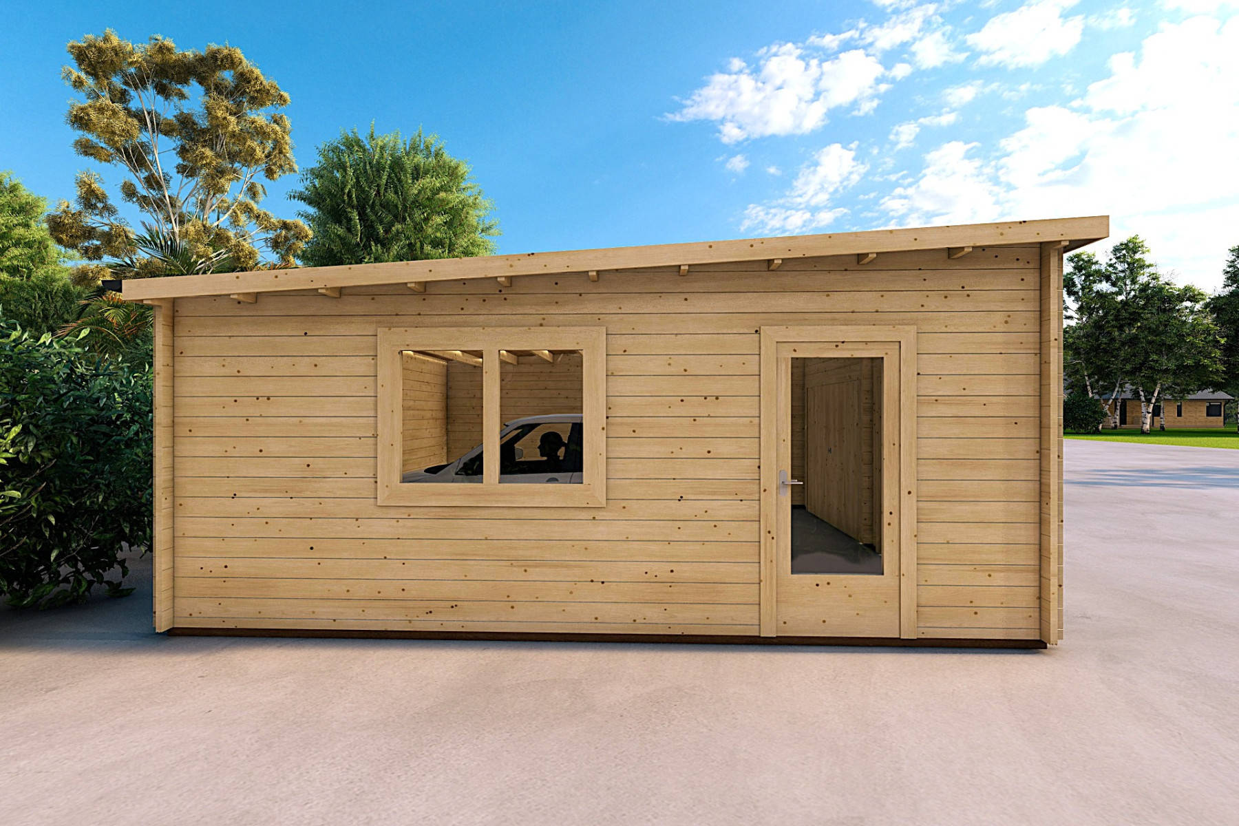 Garage in legno doppio a monofalda 6x6 44mm, lato sinistro