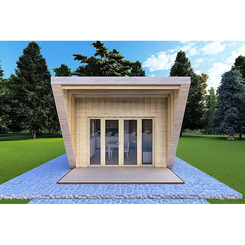 Bungalow in legno VISION 1 con patio 4x14 44/100/30/40 mm, vista frontale color grigio legno