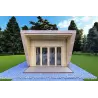 Bungalow in legno VISION 1 con patio 4x14 44/100/30/40 mm, vista frontale color grigio legno