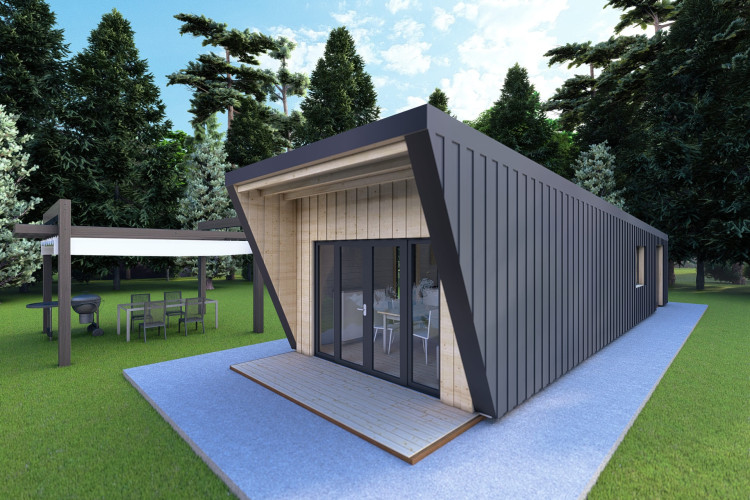 Bungalow in legno VISION 1 con patio 4x14 44/100/30/40 mm, fronte lato destro color antracite