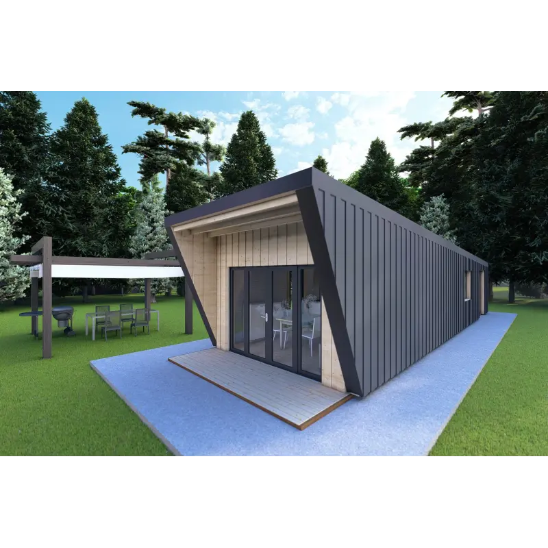 Bungalow in legno VISION 1 con patio 4x14 44/100/30/40 mm, fronte lato destro color antracite