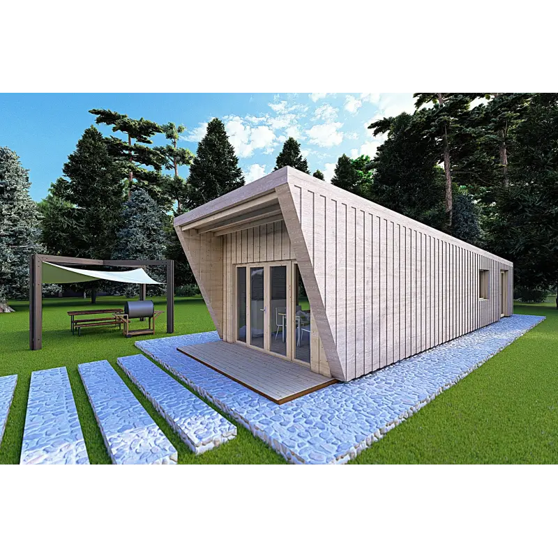 Bungalow in legno VISION 1 con patio 4x14 44/100/30/40 mm, fronte lato destro color grigio legno