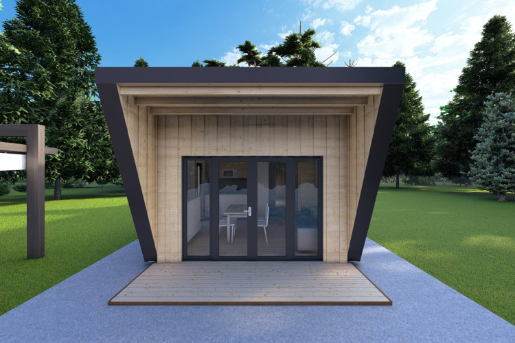 Bungalow in legno VISION 1 con patio 4x14 44/100/30/40 mm, vista frontale color antracite