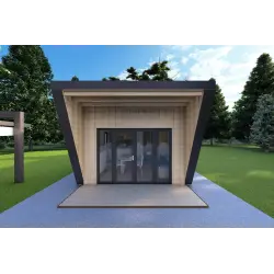 Bungalow in legno VISION 1 con patio 4x14 44/100/30/40 mm, vista frontale color antracite