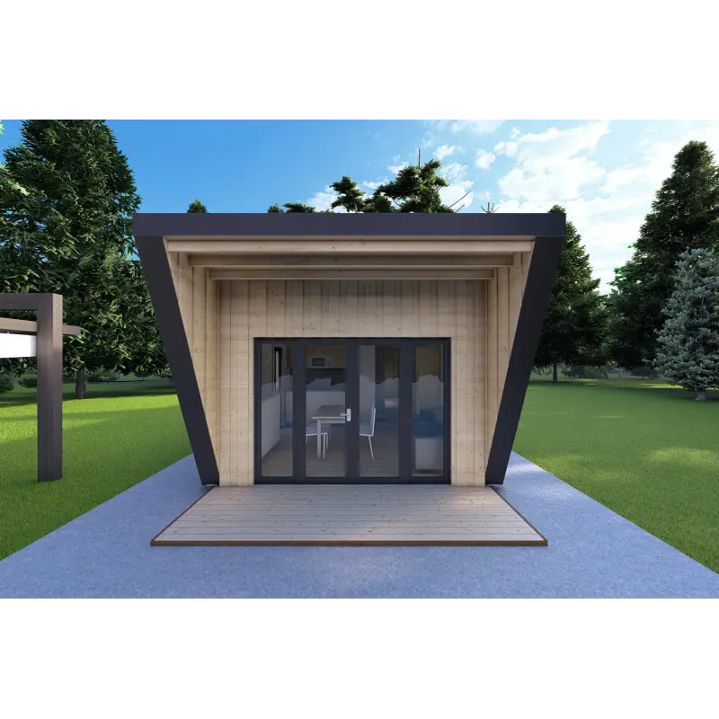 Bungalow in legno VISION 1 con patio 4x14 44/100/30/40 mm, vista frontale color antracite
