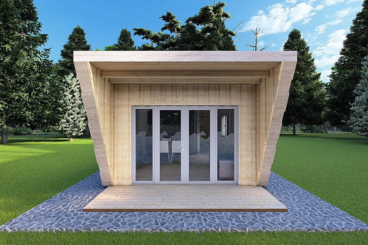 Bungalow in legno VISION 1 SMALL "S" con patio 4x11 44/100/30/40, vista frontale color grigio legno