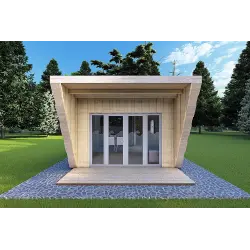 Bungalow in legno VISION 1 SMALL "S" con patio 4x11 44/100/30/40, vista frontale color grigio legno