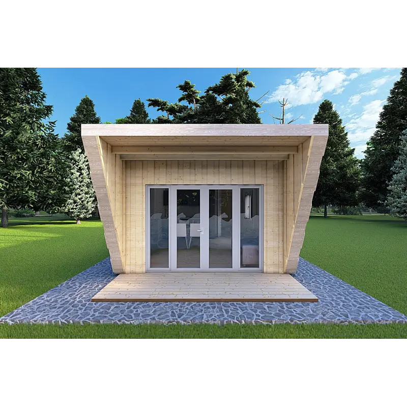 Bungalow in legno VISION 1 SMALL "S" con patio 4x11 44/100/30/40, vista frontale color grigio legno