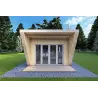 Bungalow in legno VISION 1 SMALL "S" con patio 4x11 44/100/30/40, vista frontale color grigio legno