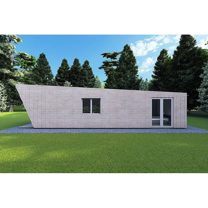 Bungalow in legno VISION 1 SMALL "S" con patio 4x11 44/100/30/40, lato destro color grigio legno