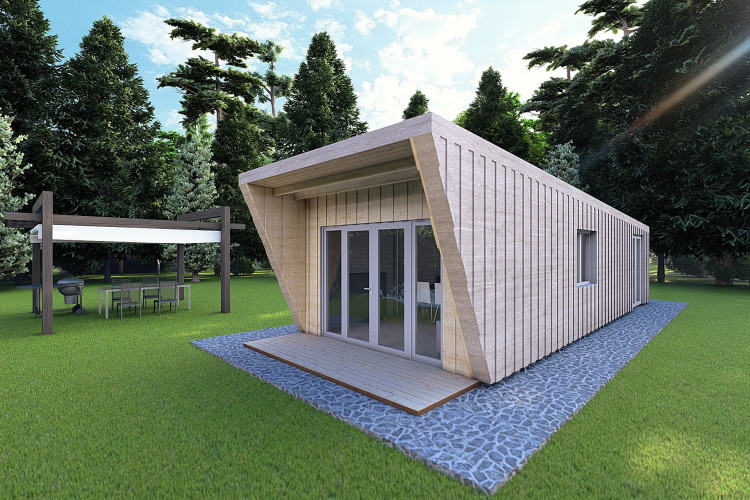 Bungalow in legno VISION 1 SMALL "S" con patio 4x11 44/100/30/40, fronte lato destro color grigio legno