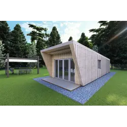 Bungalow in legno VISION 1 SMALL "S" con patio 4x11 44/100/30/40, fronte lato destro color grigio legno