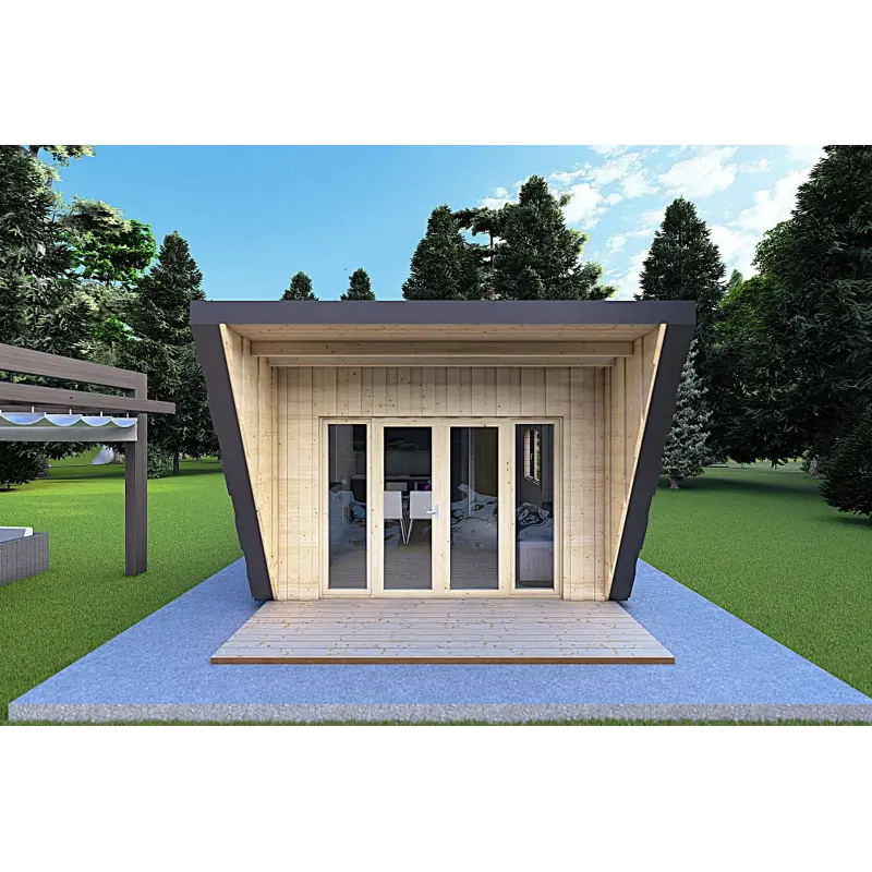 Bungalow in legno VISION 1 SMALL "S" con patio 4x11 44/100/30/40, vista frontale color antracite