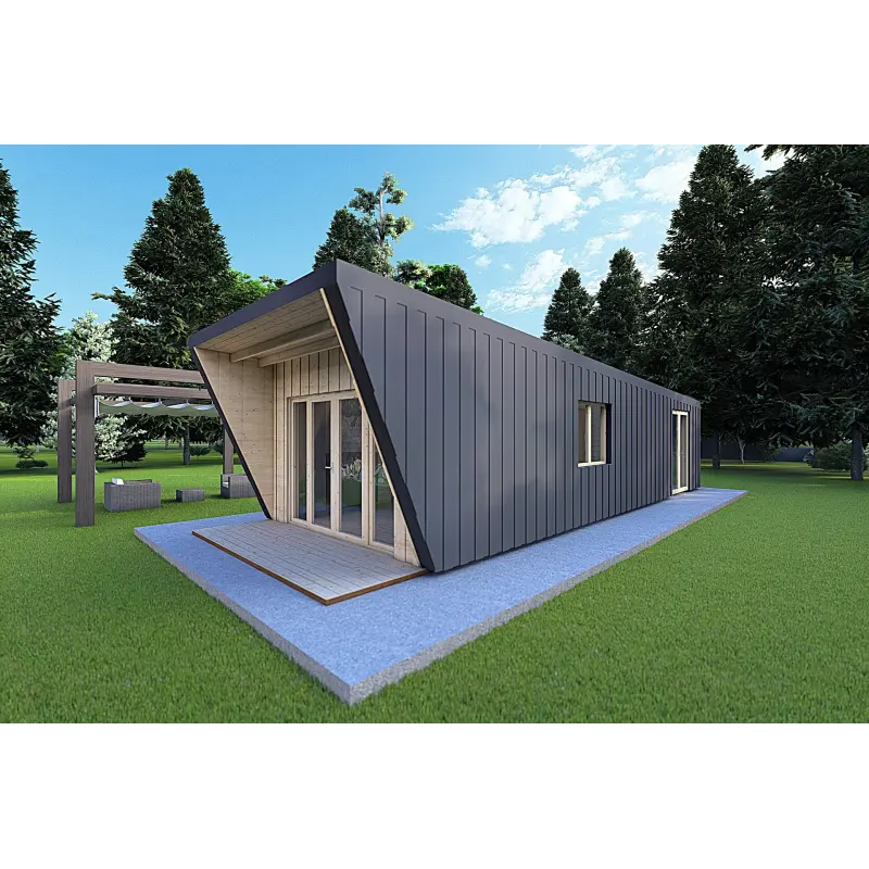 Bungalow in legno VISION 1 SMALL "S" con patio 4x11 44/100/30/40, fronte lato destro color antracite
