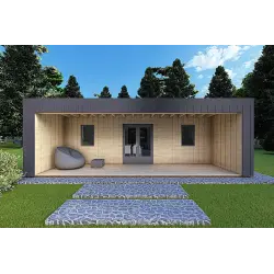 Bungalow di legno VISION 2 con patio 8x6 60/100/30/40 mm, vista frontale modello antracite