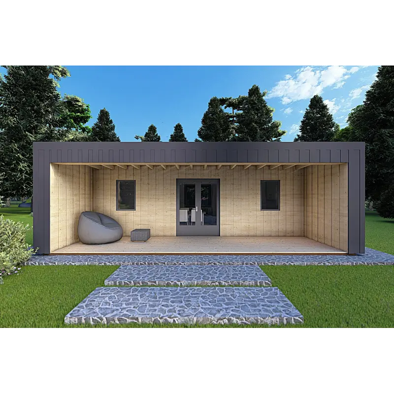 Bungalow di legno VISION 2 con patio 8x6 60/100/30/40 mm, vista frontale modello antracite