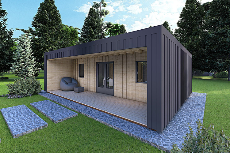 Bungalow di legno VISION 2 con patio 8x6 60/100/30/40 mm, fronte lato destro modello antracite