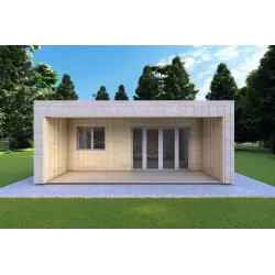 Bungalow di legno VISION 2 CUBE "C" con patio 7x8 44/100/30/40 mm, vista frontale modello grigio legno