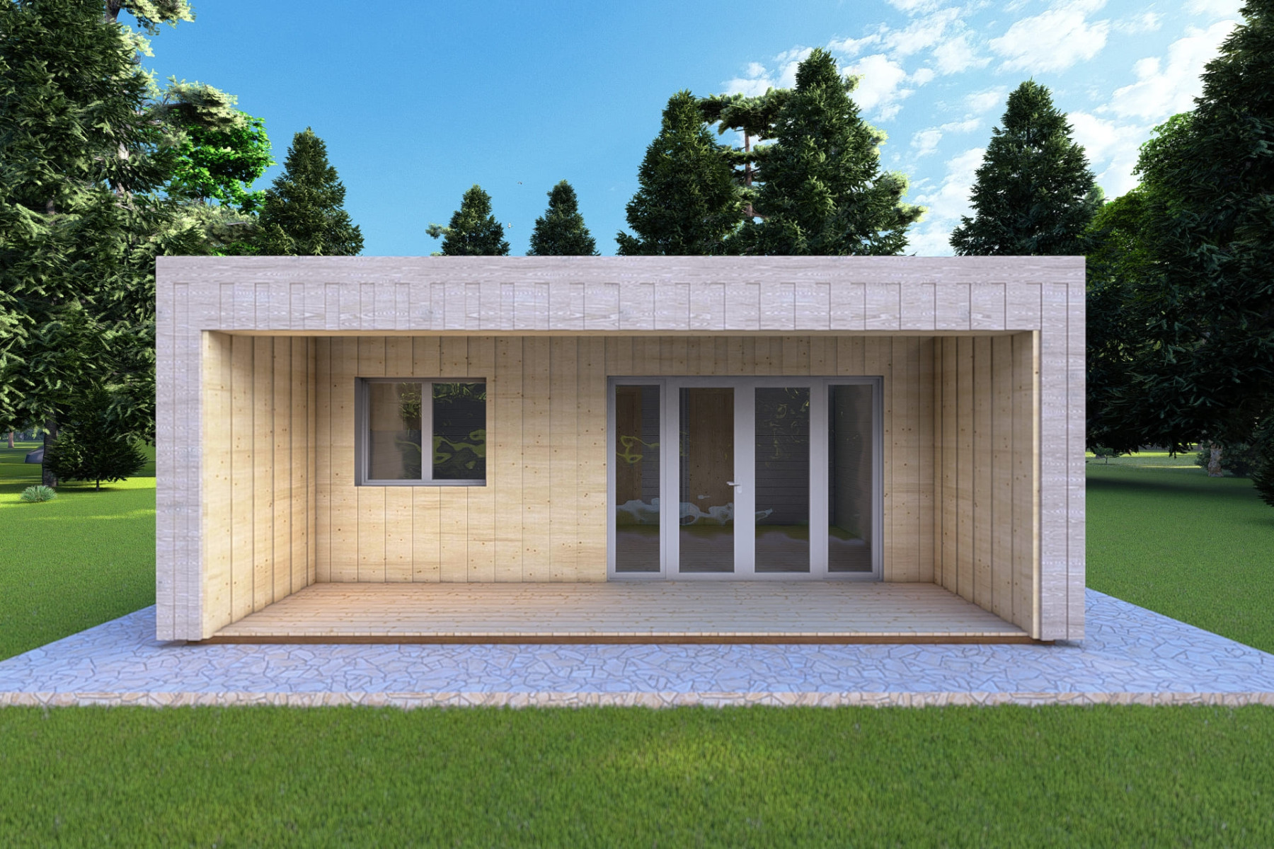 Bungalow di legno VISION 2 CUBE "C" con patio 7x8 44/100/30/40 mm, vista frontale modello grigio legno
