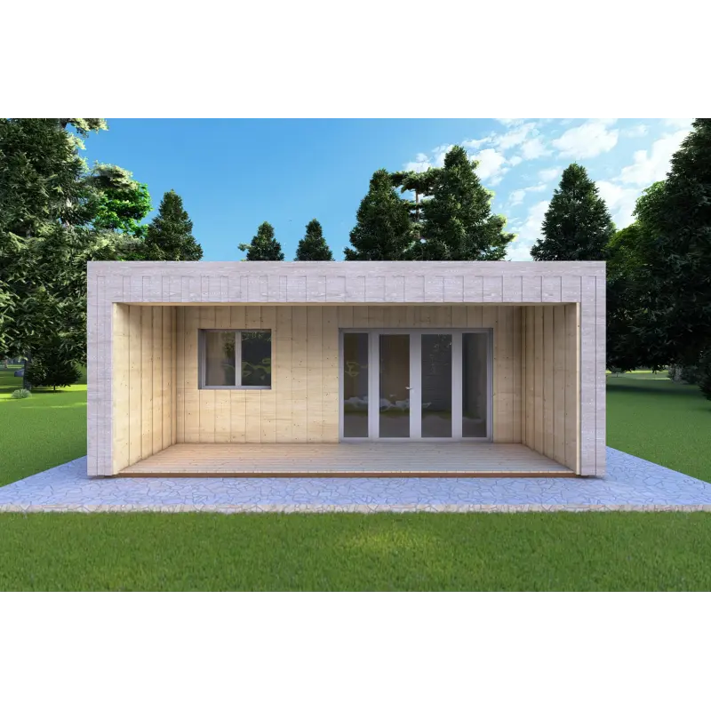Bungalow di legno VISION 2 CUBE "C" con patio 7x8 44/100/30/40 mm, vista frontale modello grigio legno